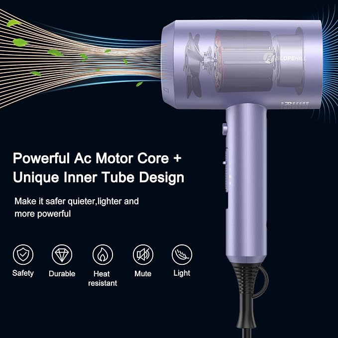 slopehill Professional Ionic Hair Dryer, Lavender | 1800W Fast Drying, Low Noise, 2 Concentrator Nozzles, 1 Diffuser Attachment