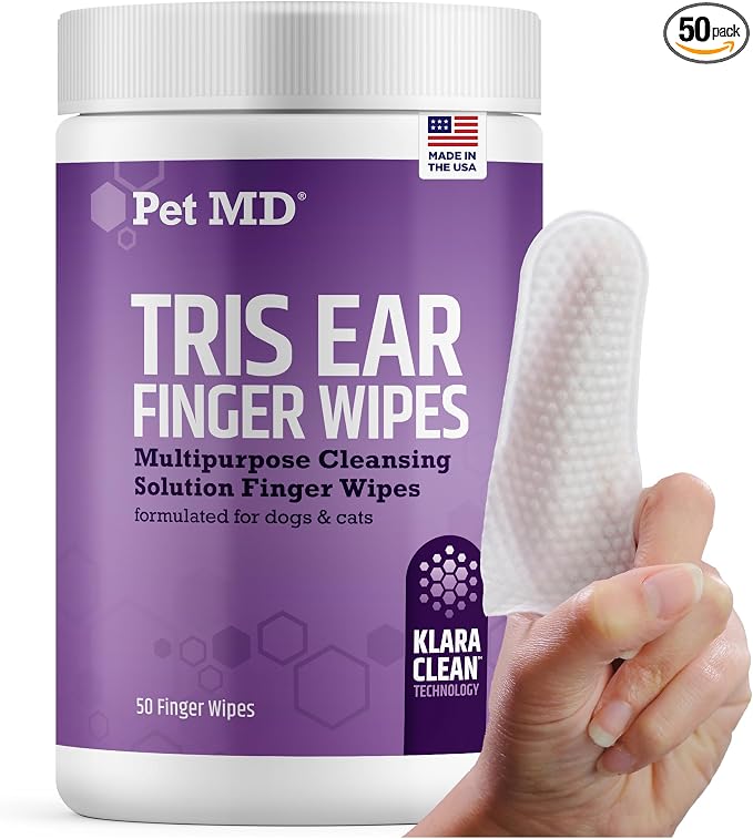 Pet MD Tris Ear Finger Wipes for Dogs & Cats - Multipurpose Cleansing Solution Cat Ear Wipes & Puppy Ear Cleaner - Pet Safe Cleaner to Clean and Remove Debris - 50ct