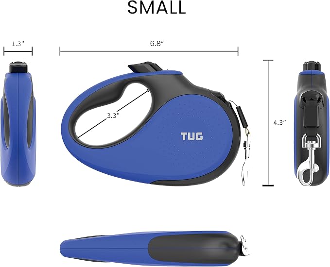 TUG Original Retractable Dog Leash, 16 ft (Small, Blue) | 360° Tangle-Free Retraction, 16 ft Tape, Quick Thumb Lock, Anti-Slip Handle, For Dogs Under 35 lbs