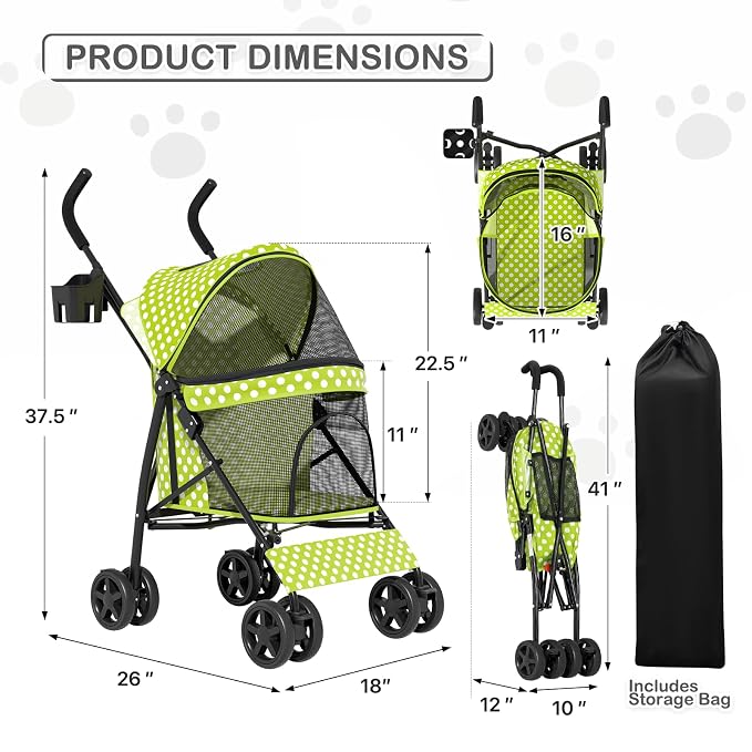 MoNiBloom Pet Stroller - Lawn Green Polka Dots