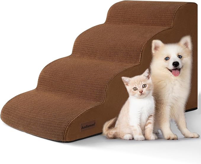 Aodisman 4-Step Dog Stairs and Ramp for Beds or Couches – Non-Slip Sturdy Pet Steps for Small Dogs and Cats,17.4" H,Brown