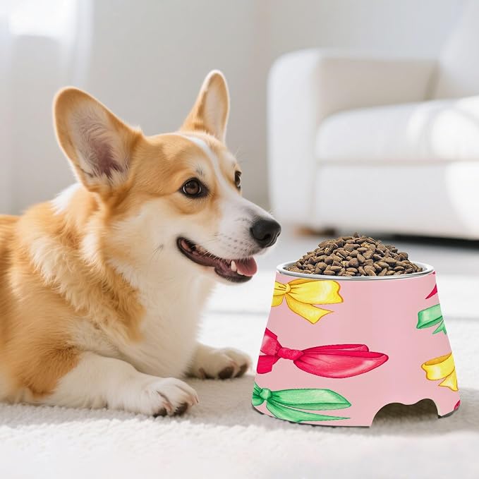 Blueangle Elevated Dog Bowls with Stainless Steel - Non-Slip 2.3 Cup High Capacity Pet Dish for Spinal Health & Colorful Bows Design（193）