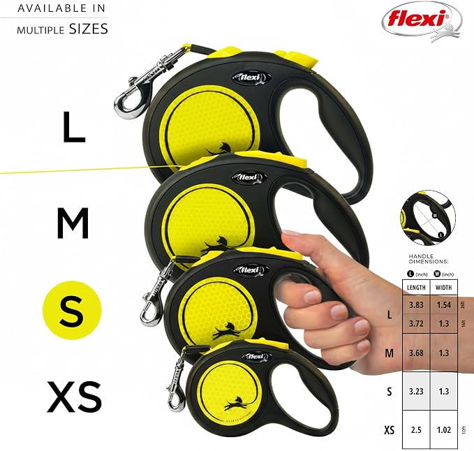FLEXI® Neon Tape Retractable Dog Leash, Small, 16 ft - Neon Yellow/Black | German engineered, original flexi leash, durable quality for dogs up to 33 lbs, tangle-free, walking, reliable brake system