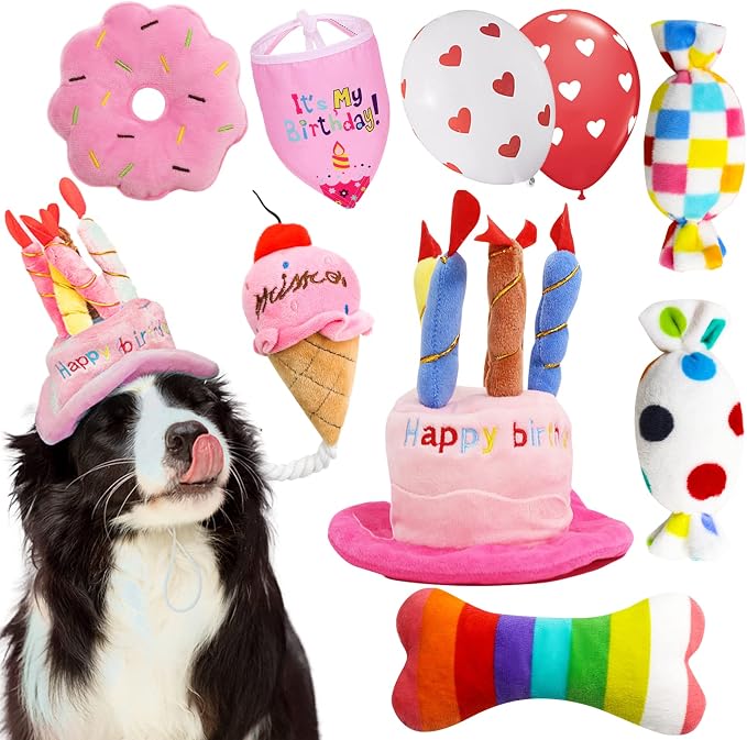 lilfrd 9Pcs Pink Dog Birthday Toy Set, Squeaky Hat Bandana Gift for Dogs | Birthday Party Kit, Plush Squeaky Dog Toys, Suitable for Small Medium Puppy
