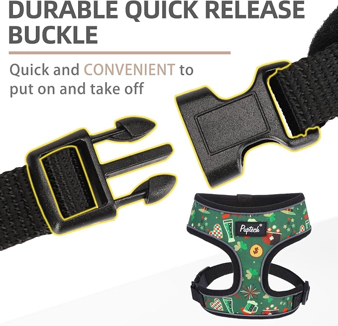 PUPTECK Soft Mesh Dog Harness and Leash Set Pet Puppy Cat Comfort Padded Vest No Pull Harnesses, St. Patrick's Deep Green, S