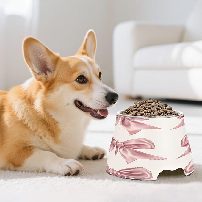Blueangle Elevated Dog Bowls with Stainless Steel - Non-Slip 2.3 Cup High Capacity Pet Dish for Spinal Health & Ribbon Bows Design（173）