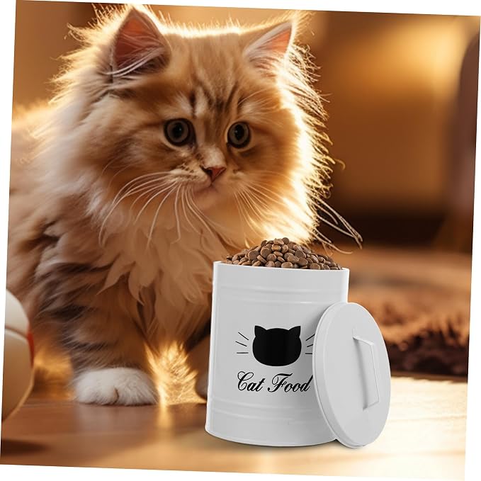 Airtight Dog Food Container Iron Metal Canister for Pet Treats Sealed Cat Food Bucket, Iron, White