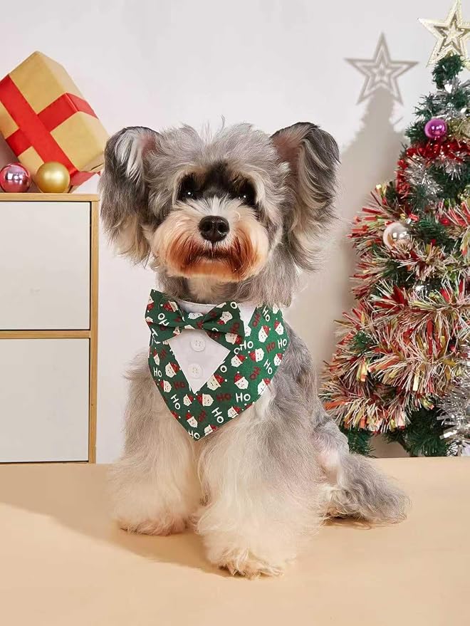 Adjustable Plaid Christmas Dog Tuxedo Bandana with Bow Tie, Large, XS