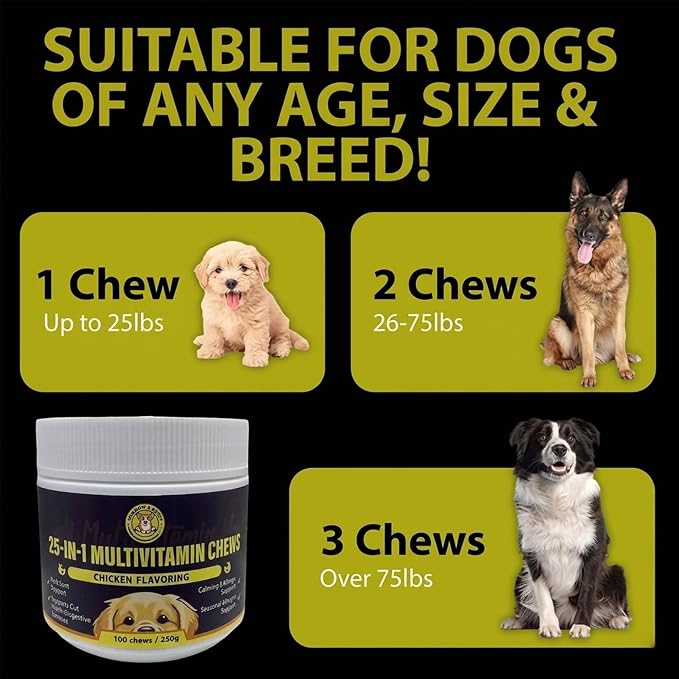 MEADOWS & MUTTS 25-in-1 Multivitamin for Dogs, 100 Soft Chews – Daily Dog Vitamins with Glucosamine, MSM, Omega-3 and Probiotics for Joint, Gut, Skin & Coat and Immune Support