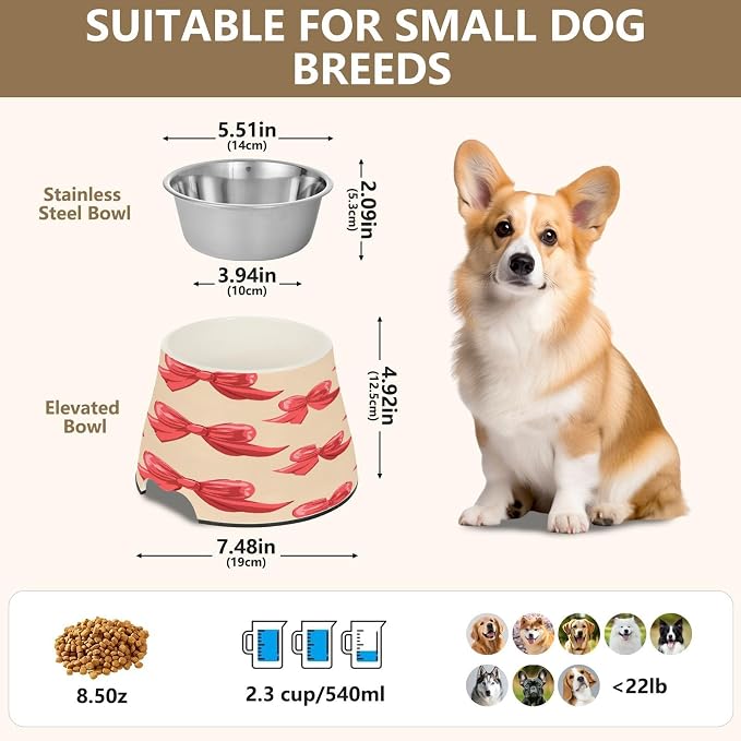 Blueangle Elevated Dog Bowls with Stainless Steel - Non-Slip 2.3 Cup High Capacity Pet Dish for Spinal Health & Red Bow Design（169）