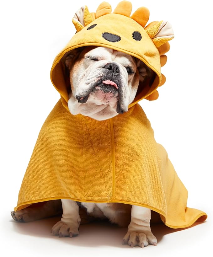BARKBOX Dog Bathrobe - for Dogs - Medium | Fast Drying, Microfiber Bath Towel - Hook & Loop Closure and Wrap Tie - Machine Washable - Lion
