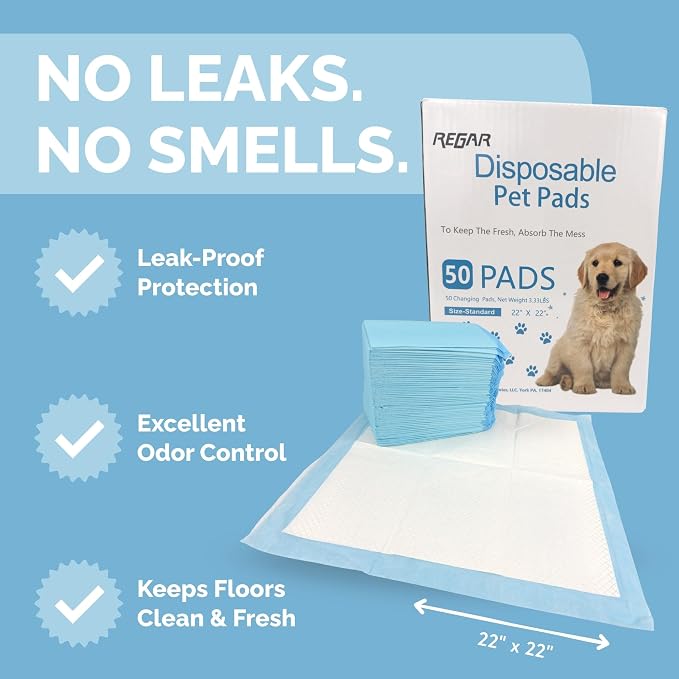 ReGar Puppy Training Pads 22x22 Inch, 50 Count – Super Absorbent Dog Pee Pads with Leak-Proof Backing, Disposable Potty Pads for Puppies & Dogs
