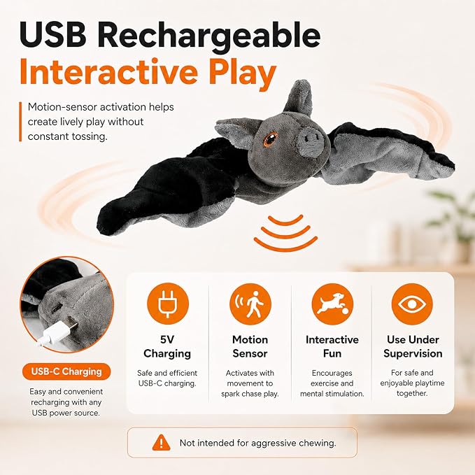 Flying Bat Dog Toy, Battery Operated Interactive Toy for Small Dogs (1PC) | Soft Plush Material, Motion Sensor Activation, Realistic Chirping and Flapping Sounds, USB Rechargeable, Indoor Pet Play