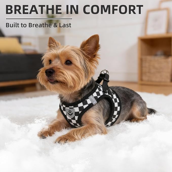 PUPTECK Adjustable Dog Harness Collar and Leash Set Step in No Pull Pet Harness for Small Medium Dogs Puppy and Cats Outdoor Walking Running, Checkered Black&White S