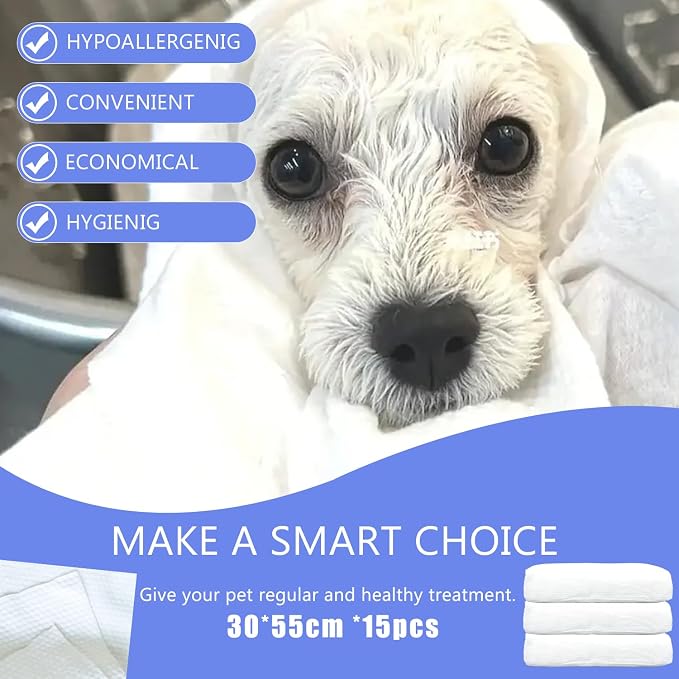 Disposable Pet Bath Towel,15 PCS Portable Pet Grooming Towels,11.8 x 21.6 inch Convenient Pet Cleaning Towel Pet Drying Towels,Absorbent Bath Towel for Small Dog Puppy Cat, White