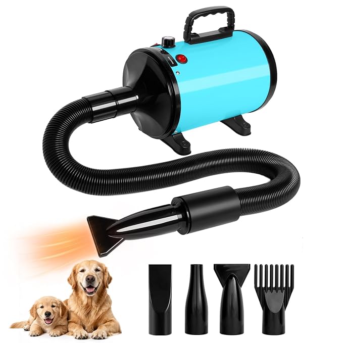 FURRYFECTION Professional Pet Hair Dryer, Quiet High Velocity Dog Grooming Blower with Adjustable Speed & Temperature, 4 Nozzles, Low Noise Pet Dryer for Dogs & Cats, Blue