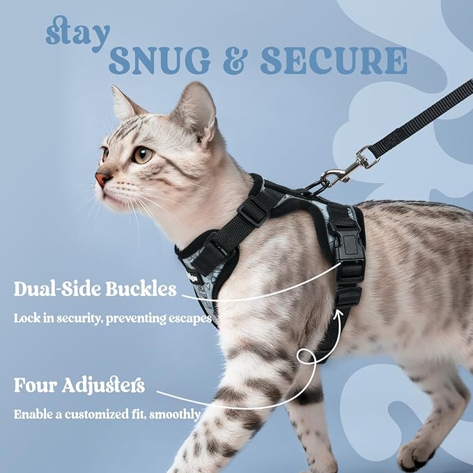 rabbitgoo Cat Harness and Leash Set, Escape Proof Vest, Doodle Gray | Soft Breathable Mesh, Easy Adjustable Fit, Snap Buckles, Sturdy Clip, Reflective Strips, for Medium to Large Cats Walks, M