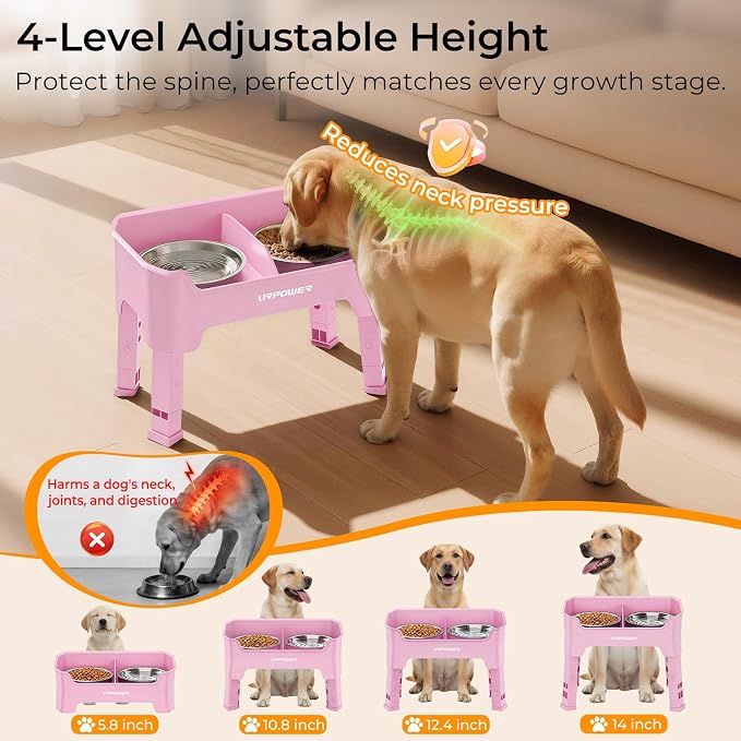 URPOWER Mess Proof Elevated Dog Bowls 4 Height Adjustable Raised Bowl Stand with 2 Stainless Steel Dog Bowls Non-Slip Food and Water Bowl Set for Small, Medium, Large Dogs, Pink