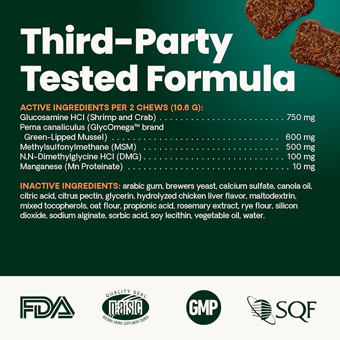 VetriScience Healthy Hip & Joint Chews, GlycoFlex Glucosamine and Green-Lipped Mussel Joint Support Supplement for Dogs, Promote Mobility and Protect Joints, Chicken, 120 Count