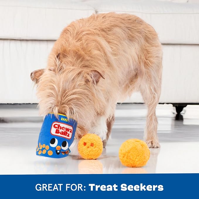 BarkBox Chewz Ballz Dog Toy - 3-in-1 - for Medium to Large Dogs | Plush Set with 2 Squeakers, Crinkle & Treat-Hiding Can