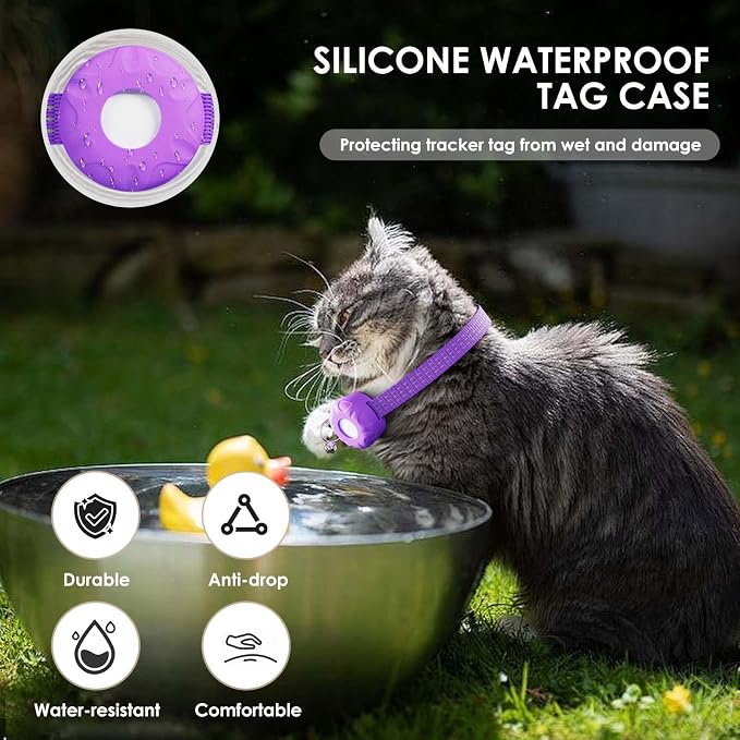 Cat GPS Tracker, Smart Cat Tracker Compatible with Apple Find My App (Only iOS), No Monthly Fee, Waterproof, Breakaway Collar Included (White Tracker, Purple Cat Collar)