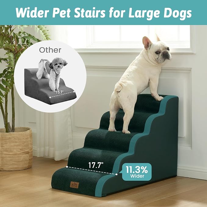 COZY KISS Wide Dog Stairs for Small Dog 22.6" H, Curved Pet Step for Puppy, Older Cat, Curved Ramp for High Bed or Car, Ladder with High Density Foam, Durable, 5 Step, 17.7x33x22.6 inch, Dark Green