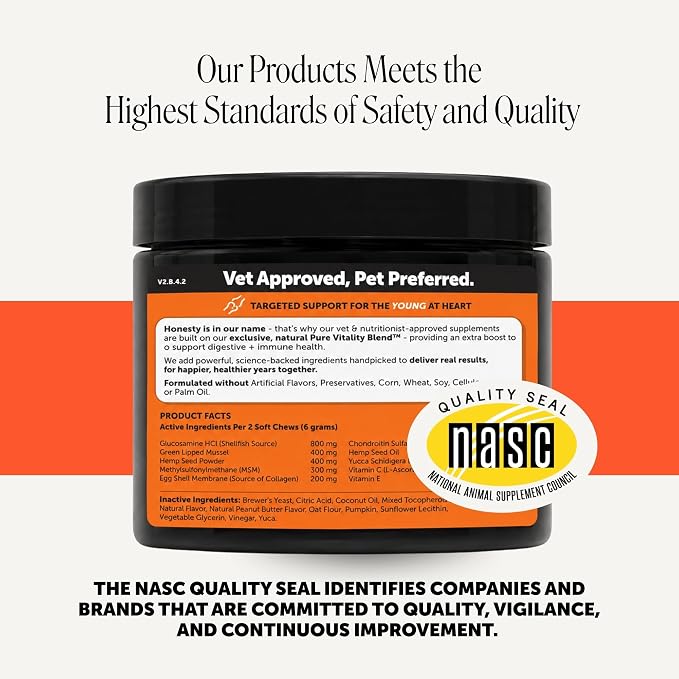 Pet Honesty Vet Recommended Hip and Joint Supplement for Dogs, 90 Count | Advanced strength dog joint supplement with glucosamine chondroitin, chicken, supports mobility, eases stiffness