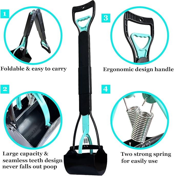 ienjoyed 32" Tall Pooper Scooper, Large Pooper Scooper for Dogs Heavy Duty, Dog Pooper Scooper with Long Handle & High Strength Durable Spring, Foldable Dog Poop Pick Up (Bottom Seamless)
