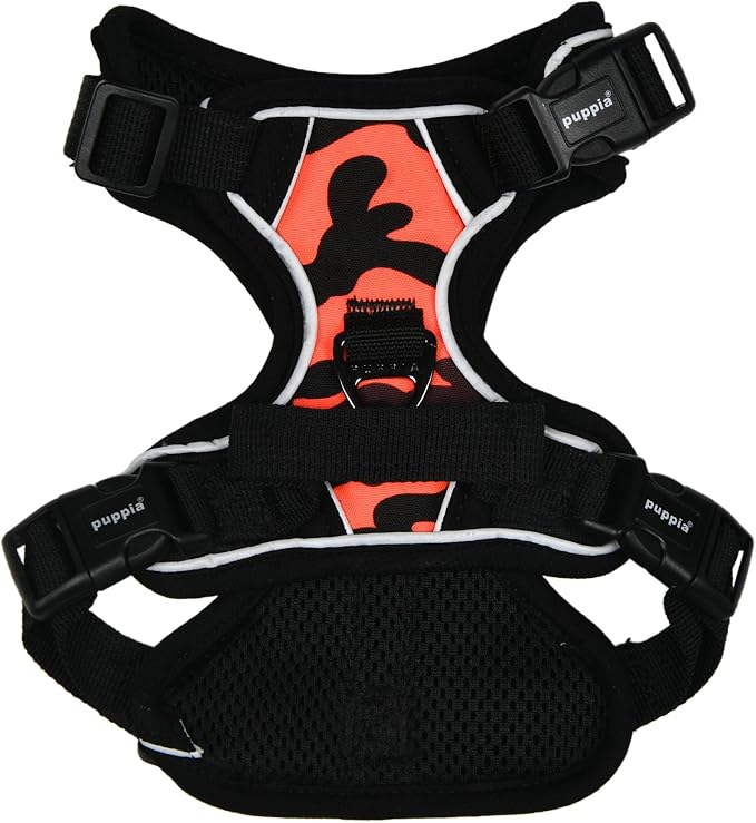 Puppia Battle Dog Harness H Sturdy Adjustable Neck and Chest Reflective Camouflage Pattern Front and Back D-Ring for Small and Medium Dogs, Orange, Small