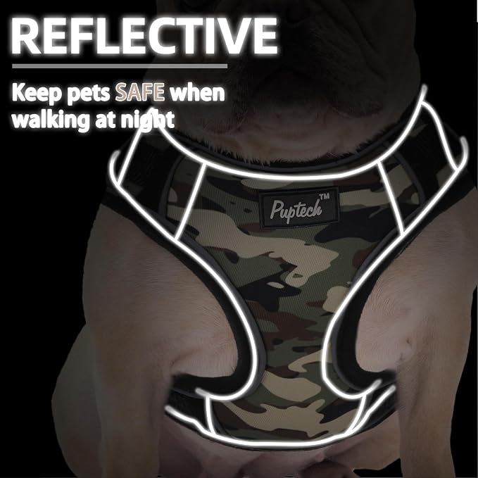 PUPTECK Soft Mesh Small Dog Harness and Leash Set Pet Puppy Cat Adjustable Reflective Padded Vest No Pull Harnesses, Camouflage, S