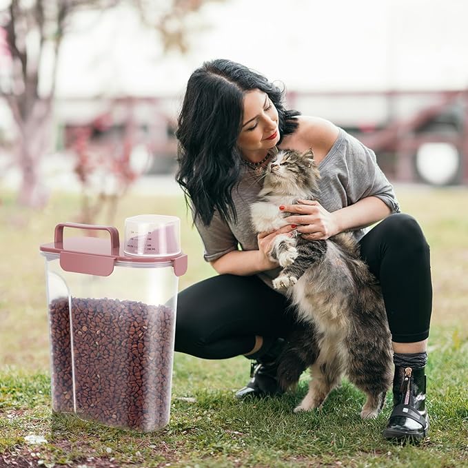 LEAWALK 5-7Lbs Airtight Pet Storage Container For Cat Dog Bird Food and Keep Fresh, Translucent Body, Upgraded Large Nozzle for Easy Pouring With Handle Design Easy to Carry When Going Out-Pink