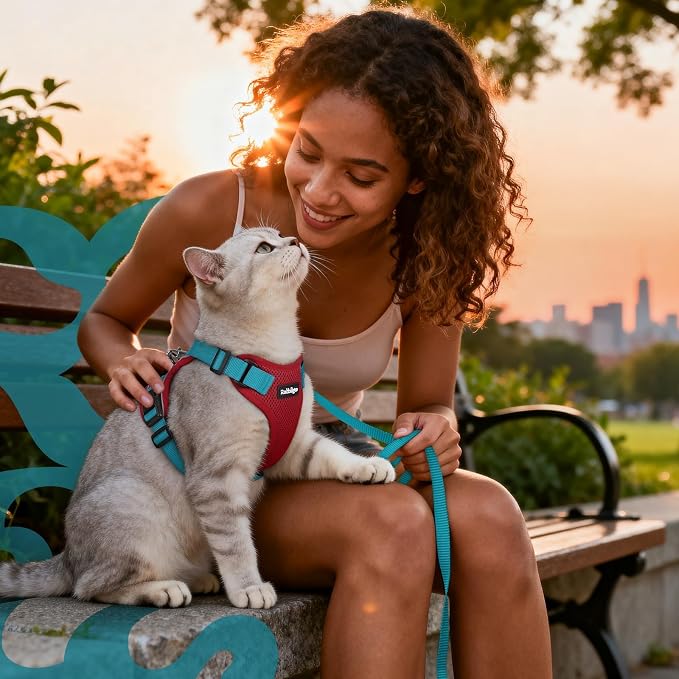rabbitgoo Cat Harness and Leash Set, Escape Proof Vest, Red & Teal | Soft Breathable Mesh, Easy Adjustable Fit, Snap Buckles, Sturdy Clip, Reflective Strips, for Medium to Large Cats Walks, M