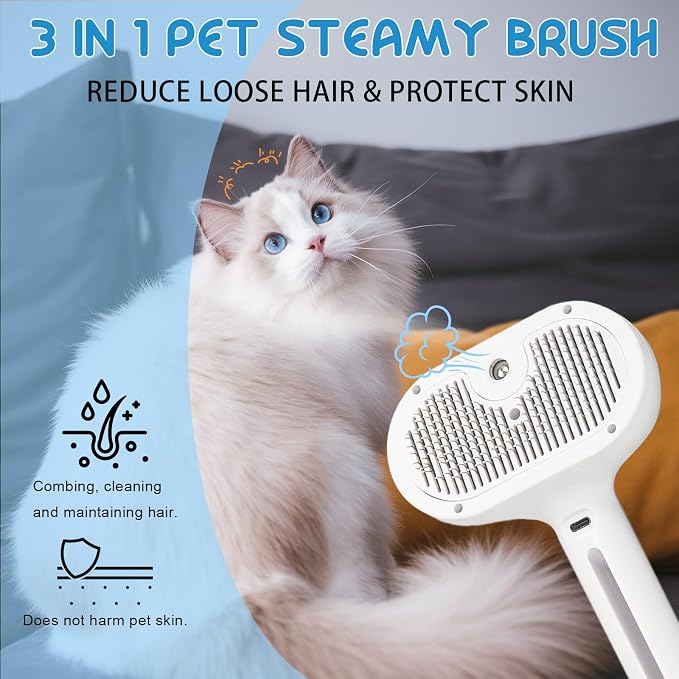 Pet Steam Brush for Cats & Dogs, Cool Mist Self-Cleaning Comb, White | Cool mist pet brush with self-cleaning hair release, stainless steel bristles and 120ML grooming essence for cats and dogs