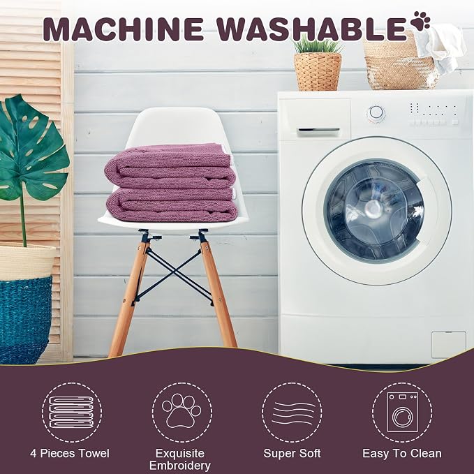 Chumia 4 Pack Dog Towels for Drying Large Microfiber Grooming Tools Absorbent Soft Bath Supplies with Embroidered Paw for Small Medium Pet Products(30 x 50 Inch,Purple)