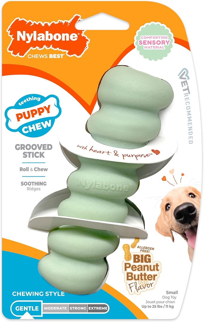 Nylabone Puppy Chew Sensory Material Grooved Stick Dog Chew Toy, Small | Peanut butter flavor, soothing teething toys for puppies, teething relief, freeze for extra comfort, up to 25 lbs