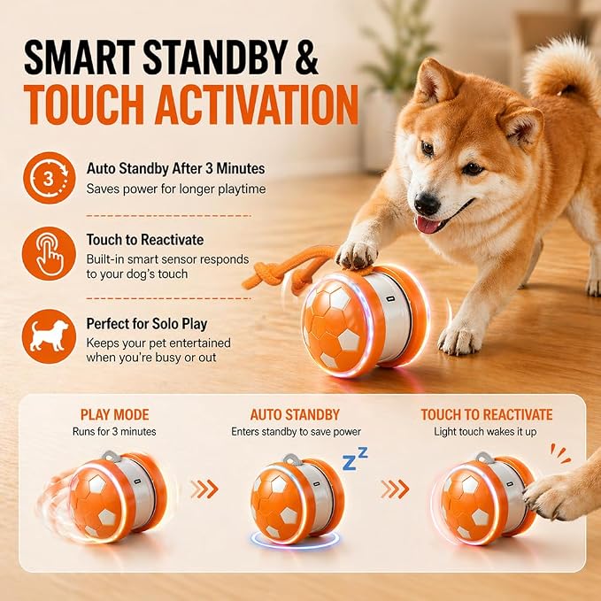Smart Self Play Soccer Interactive Electric Automatic Moving Rolling Dog Chase Teaser Ball Toys with Rope Rechargeable Tough Durable Stimulation for Small Medium Large Dogs to Keep Busy