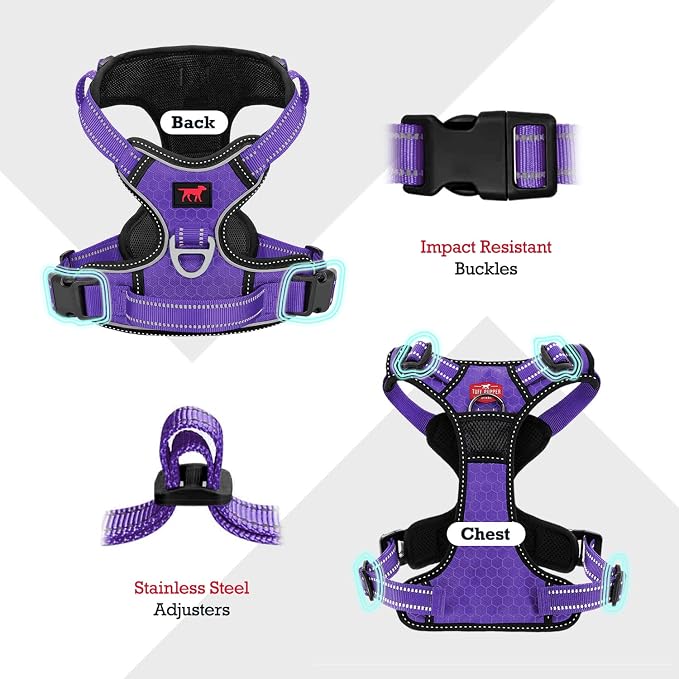 Tuff Pupper No Pull Easy Walk Dog Harness | Heavy Duty Pet Vest | Front & Back Leash Clips | Strong Safety Handle | Reflective Anti Pull Vest | Comfortable Padded Escape Proof Harness (Small, Purple)