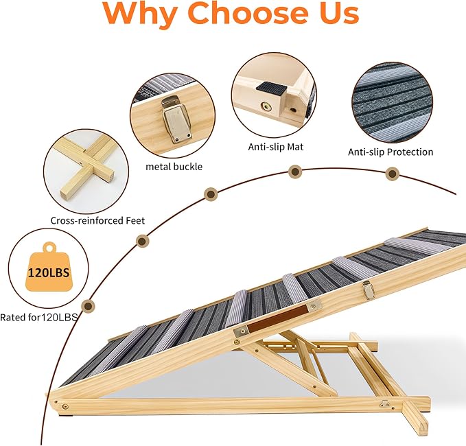 Dog Ramp for Couch and Bed, Portable Pet Ramp with 6 Adjustable Heights (14''-25''), Stable Pine Wood Pet Steps with Non-Slip Surface for Small Dogs and Cats