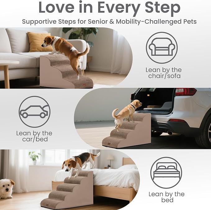 GoGoBunny Ramp Dog Stairs for Couch Sofa and Chair 15.7" H, 3-Step Pet Steps for Small Dogs and Cats, Non-Slip Waterproof Fabric Cover, Stable and Balanced Indoor Step, Pets Friendly, Camel