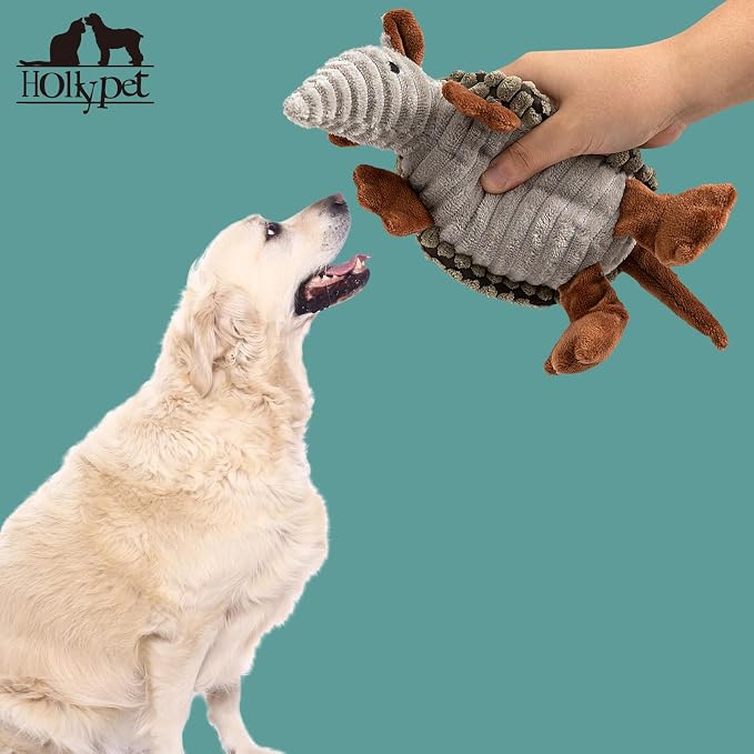 Hollypet Armadillo Squeaky Puppy Dog Toys for Small Medium Dogs, 8" | plush stuffed small dog squeak animal toy with unique grunt squeaker textured fabric for teeth cleaning toys
