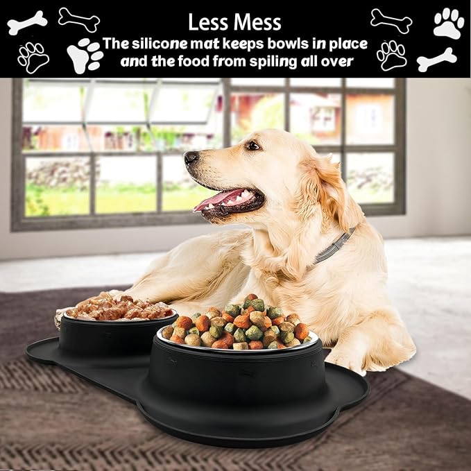 AsFrost Dog Food Bowls Stainless Steel Dog Bowls, Dog Food and Water Bowl Set with No Spill Non-Skid Silicone Mat, Dog Dishes for Small Medium Large Sized Dogs Pet Cat Food Bowls, 6 Cup, Black