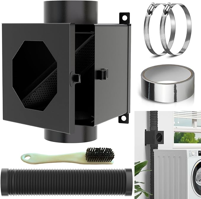 Dryer Duct Lint Trap, Metal Dryer Lint Trap Indoor Dryer Vent Kit Lint Catcher Collector Box with 4" Flexible Exhaust Hose Stainless Steel Clamps Aluminum Foil Tape Cleaning Brush 2 Filter Screens