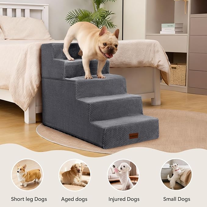 Aodisman Pet Stairs for High Bed, 5-Step Dog Stairs for Small Dogs, Indoor Non-Slip Dog Steps for Old Cats, Puppy, Small Medium Dogs,22.6" H,Gery