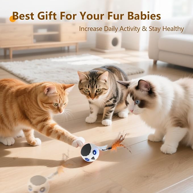 Cat Toys Ball, Smart Motion Sensor Moving Ball with 4 Sounds& 3 Speed Modes | Interactive Automatic Cat Toy for Indoor Cats,Fast Rolling Motion Activated Chirping Stimulating Light, 2 Feather Refill