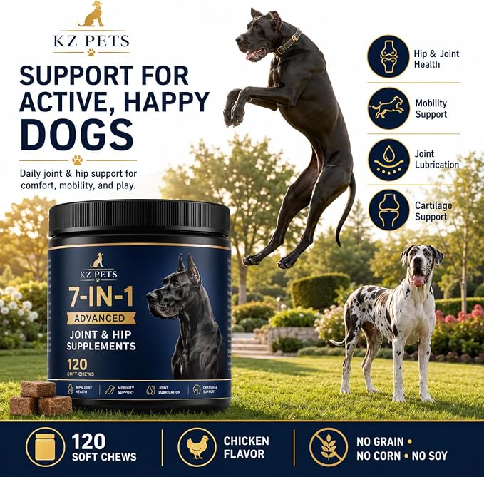 7-in-1 Dog Hip & Joint Supplement with Glucosamine, Chondroitin, MSM, Turmeric, Omega-3, Green Lipped Mussel, 120 Soft Chews