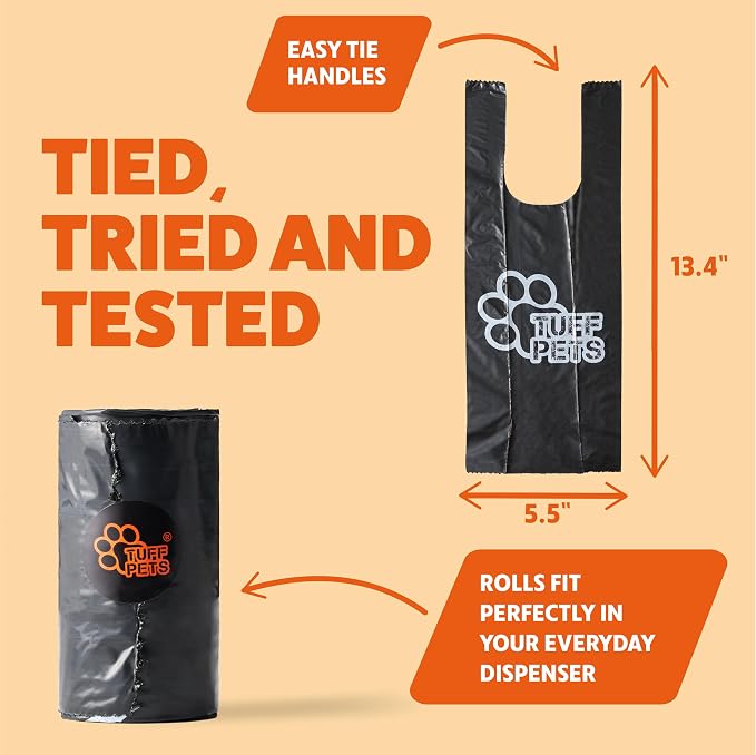 Tuff Pets Heavy Duty Dog Poop Bag With Handles - 16 Rolls of Pet Waste Bags - Fits in any Dogs Poo Bag Dispenser or Holder - Thick Dog Poop Bags