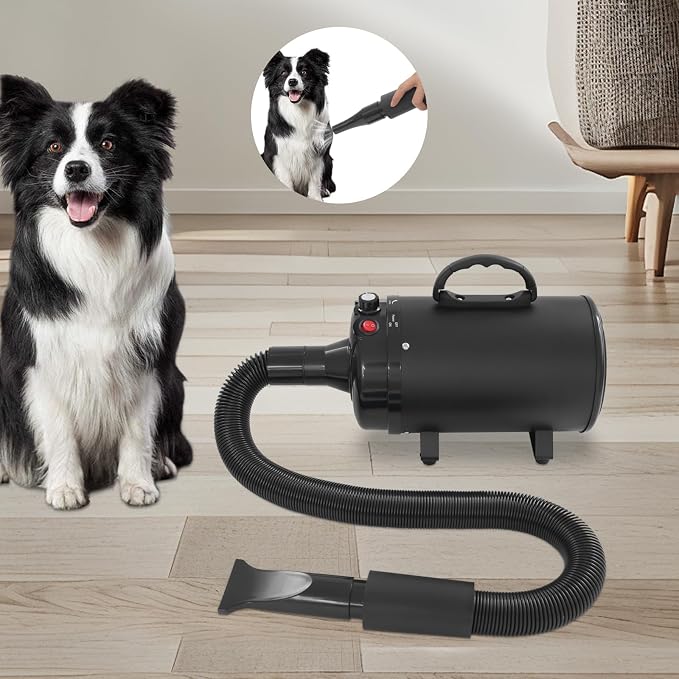 Professional Pet Hair Dryer 2200W, High Velocity Adjustable Dog Cat Blower with 4 Nozzles, Heater, Quiet, Pure Copper Motor, Fast Drying, Black, Grooming Dryer for Home Salon (Black)