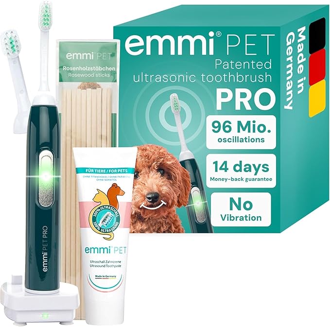 Emmi-pet PRO Oral & Skin Care Electric Toothbrush Set for Pets. Patented No Noise, No Brushing, Deep Cleaning Ultrasonic Technology - for Healthier Teeth & Gums & Fresher Breath. Made in Germany.