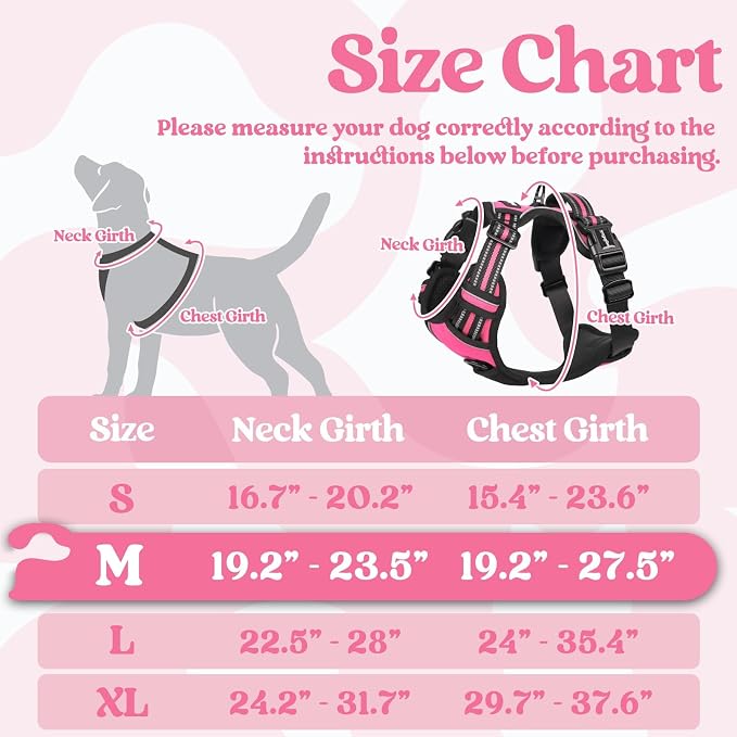 rabbitgoo Dog Harness Medium Sized, Updated Easy On & Off with 3 Buckles | No Pull No Choke, Walking with 2 Clips and Handle, Adjustable Soft Reflective, Rose Pink, Medium
