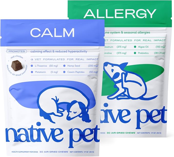 Native Pet Calming & Soothing Bundle: Dog Calming Chews (30 Air-Dried Chews) & Allergy, Melatonin, Probiotics